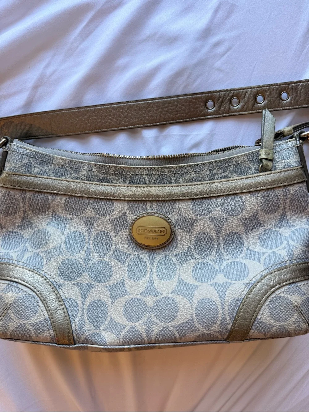 Coach Signature Shoulder Bag in Metallic Light Blue and Cream